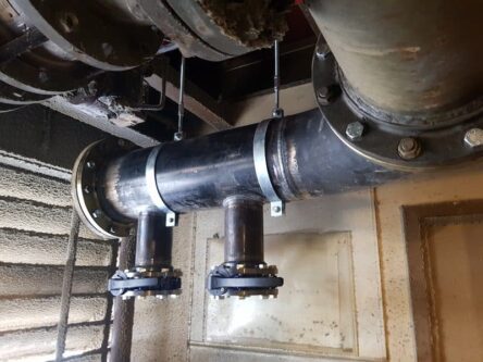 Side view of 14 inch header pipework in place and ready to go