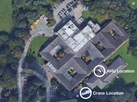 Roof replacement with 31 ac units showing crane positioning