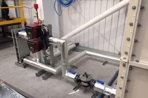 The pipework to the plate heat exchanger is completed and insulated