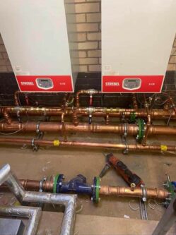 Two new Strebel boilers installed and ready to go with pipework
