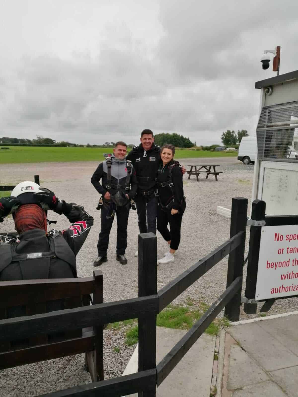 Keith Watts Rob Brine and Megan Swanick of Kimpton preparing to skydive