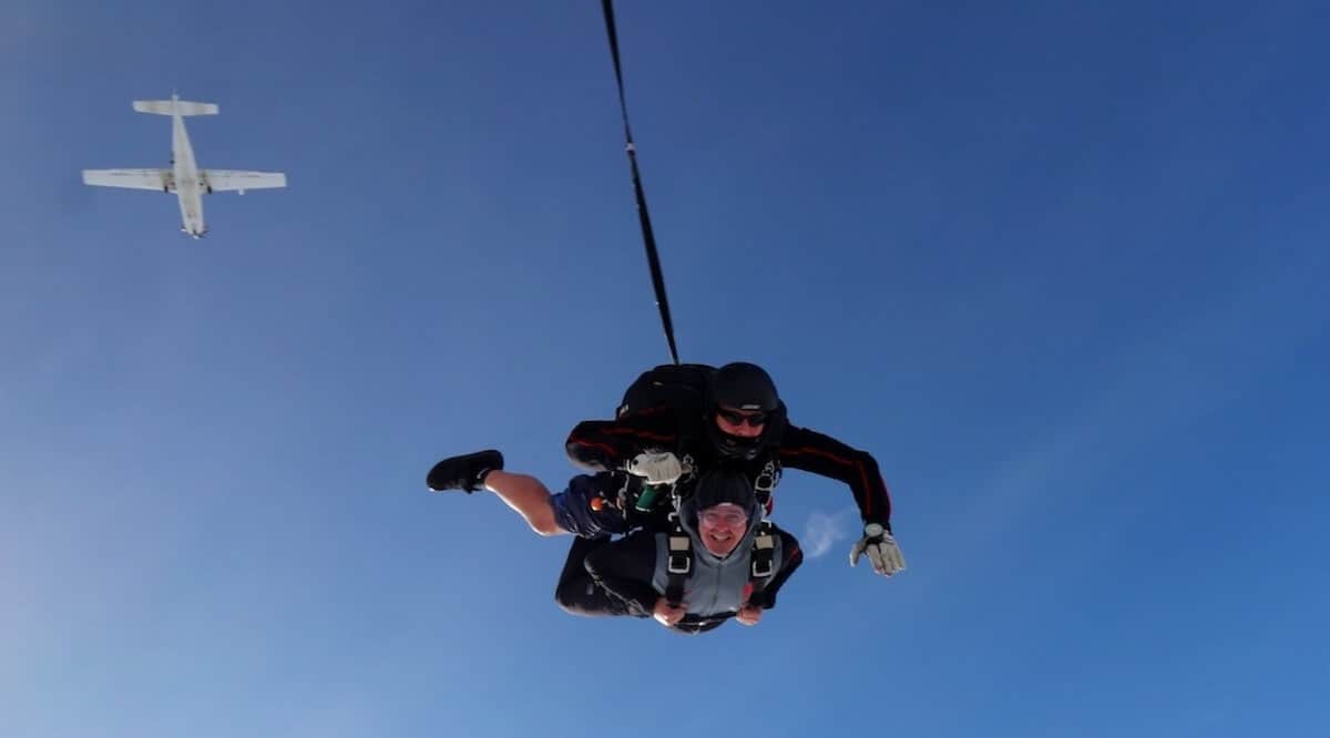 Keith Watts and a 15000ft grin on the Kimpton Skydive