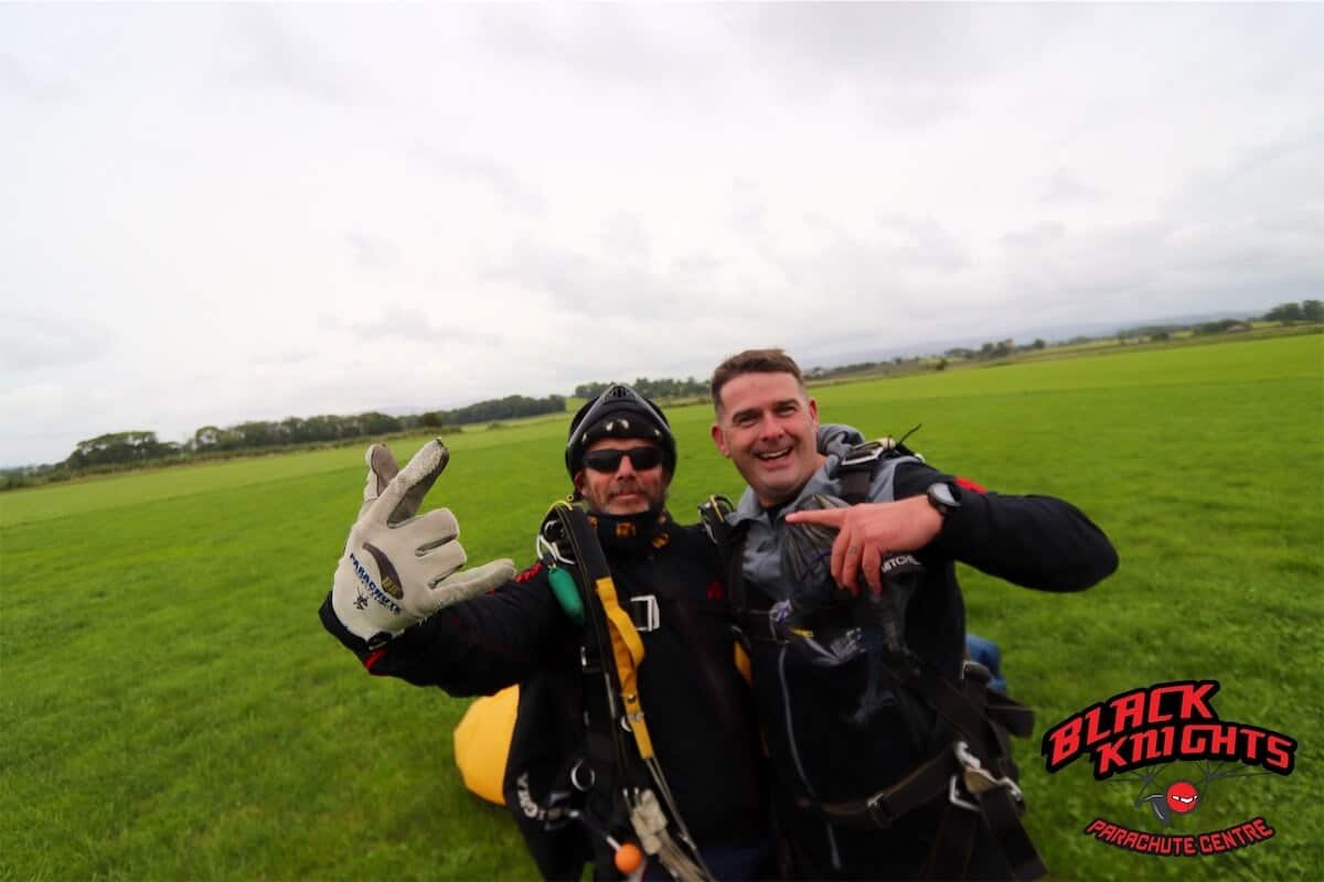 Keith Watts back on the ground after the Kimpton Skydive