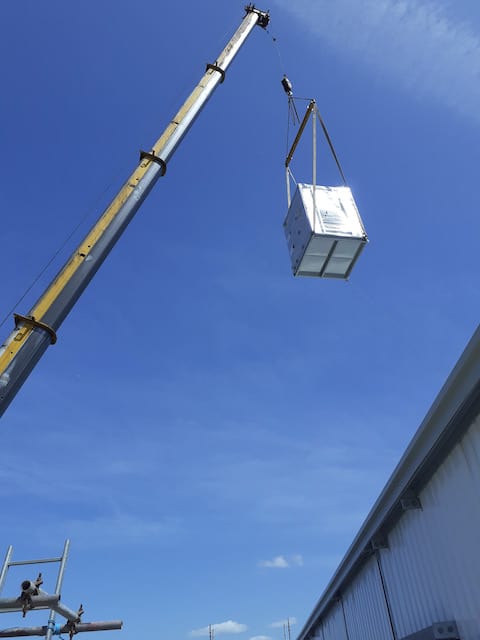 Kimpton HVAC at LJMU Tithebarn chillers being lifted onto roof