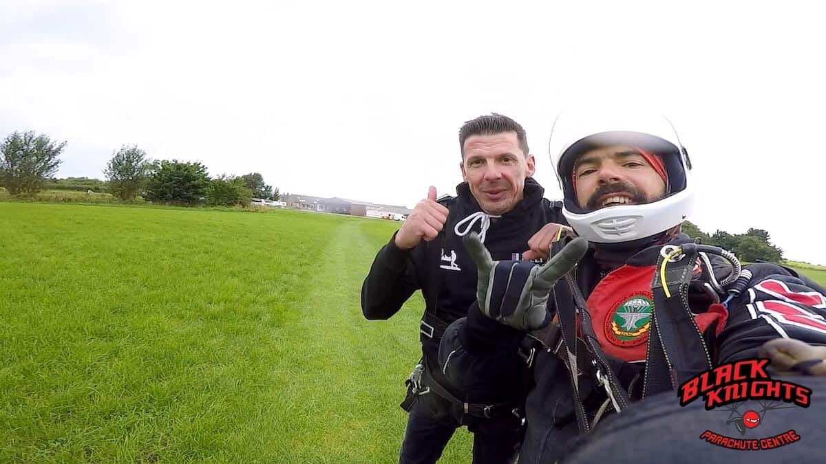 Safely back on the ground for Rob Brine after the Kimpton Skydive