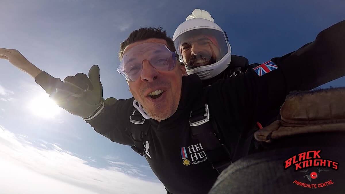 The face of Rob Brine having the time of his life on the Kimpton Skydive