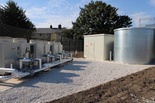 How does an air source heat pump work - Front view of the three Mitsubishi CAHV ASHP units at Queensferry PRU by Kimpton