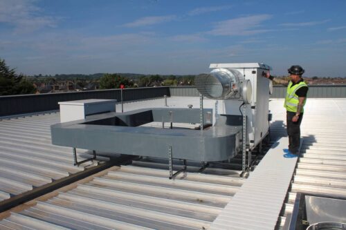 The AHU Air Handling Unit on the roof of the Plas Derwen PRu Queensferry by Kimpton