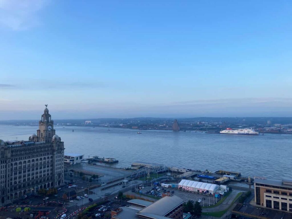 Looking across to the Wirral with The Liver Building in the foreground sand the Stena Line Ferry bound for Northern Ireland behind