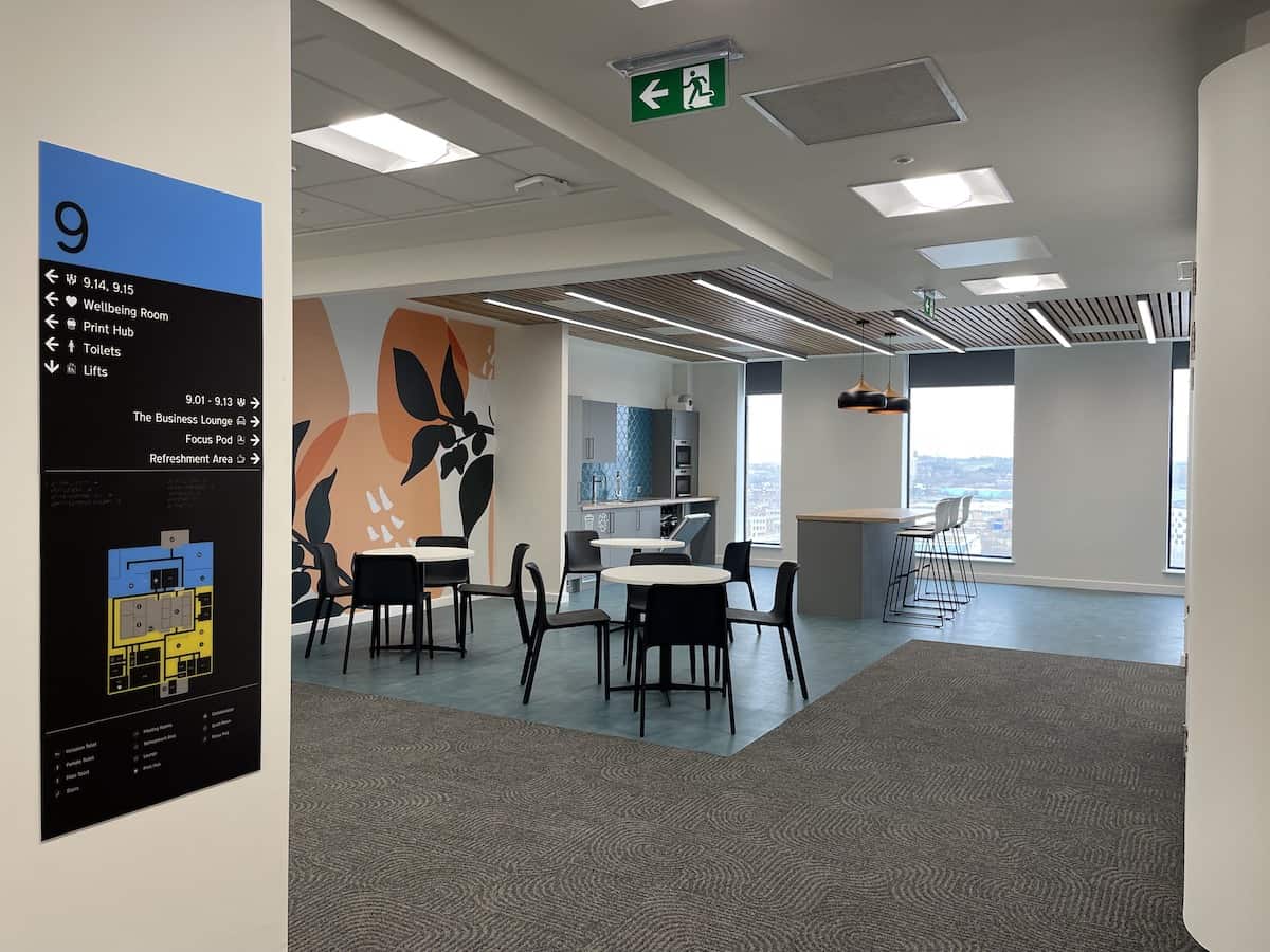 View across the work space to the new kitchen area at Capital Building floor 9 with refurb by Kimpton