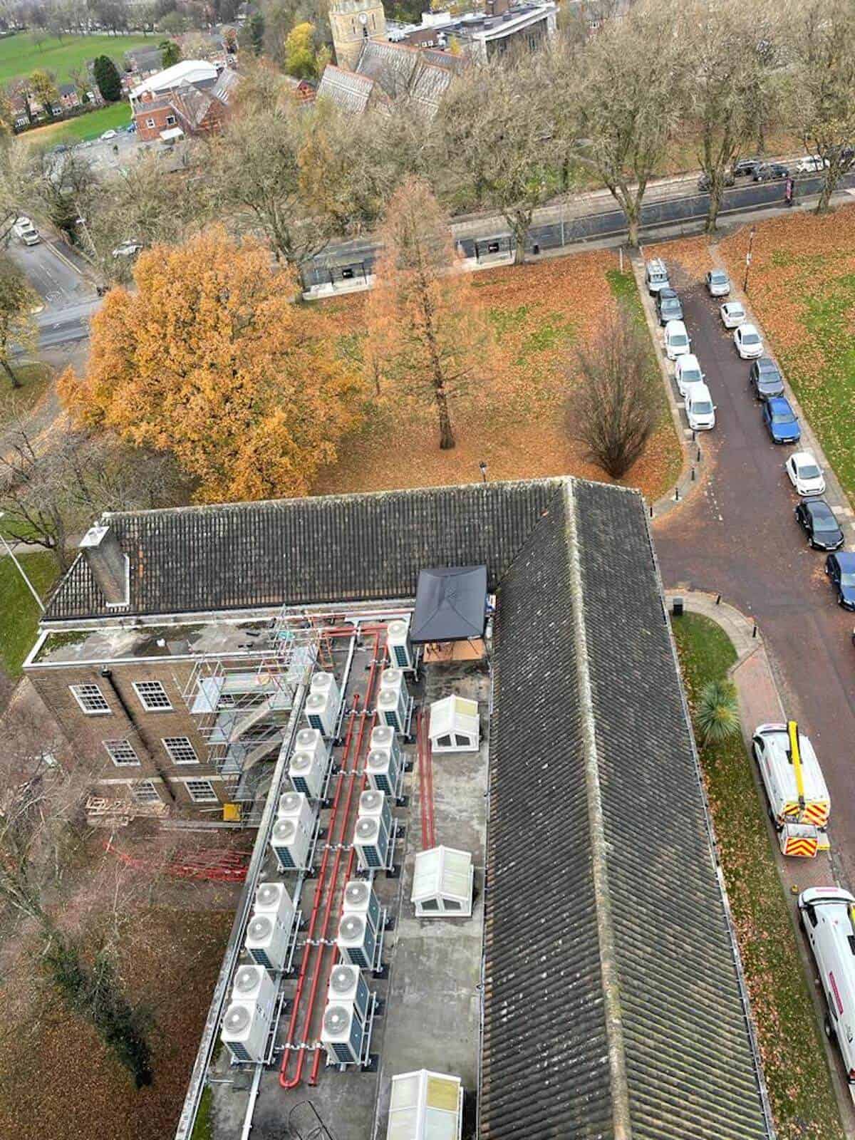 Newly installed heat pumps viewed from the clock tower