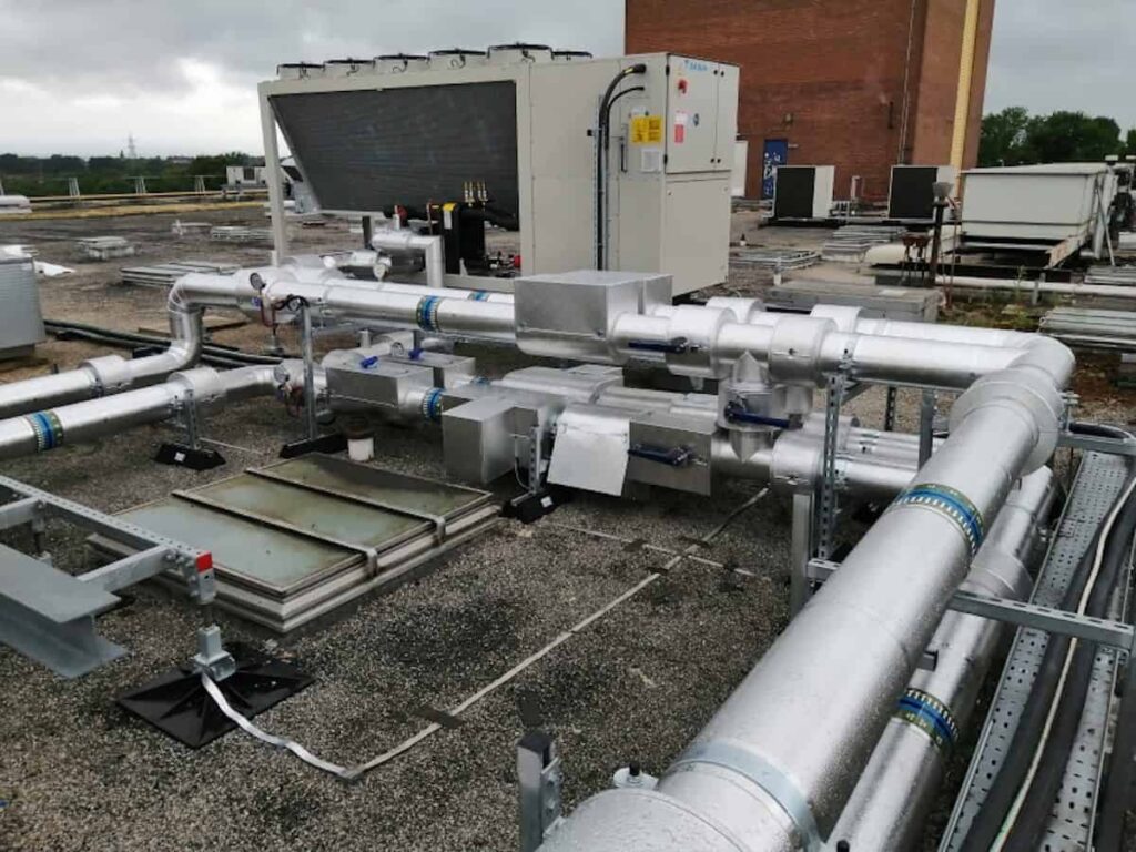 The insulated pipework coming off the chiller and down into the plantroom