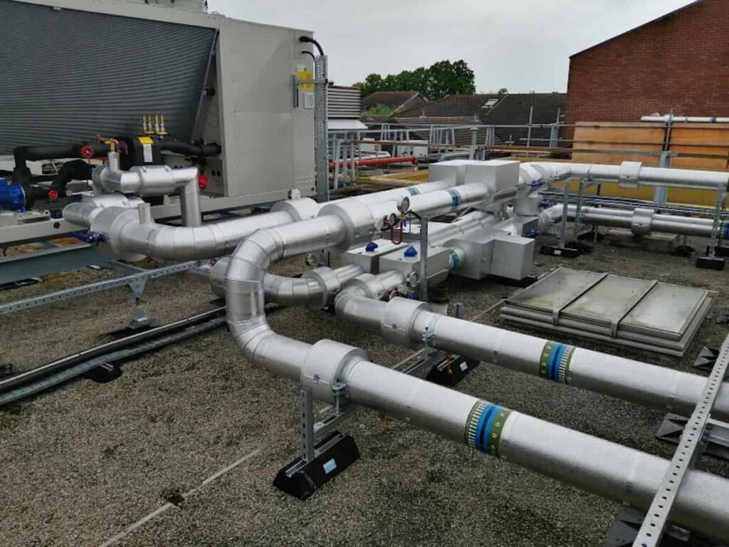 close up of insulated pipework on the rooftop at Countess of Chester