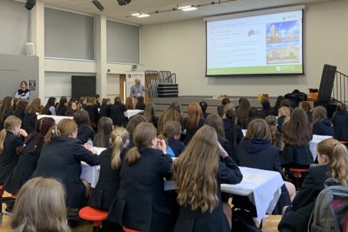 Matt and Grace at Prenton High School for Girls leading the Enterprise Challenge on decarbonisation of their school