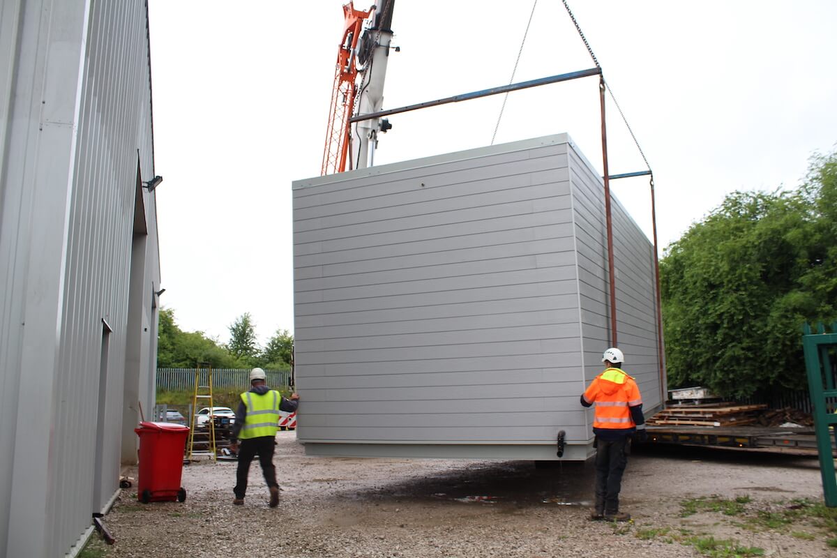 The lift underway for the acoustic plant room on its way to aberdeen