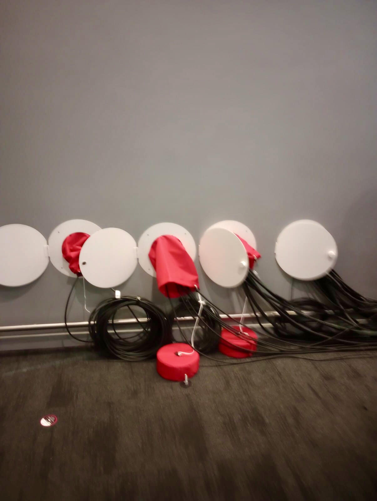 Holes drilled in the outer walls for cables at the ACC Arena for Eurovision Liverpool 2023.