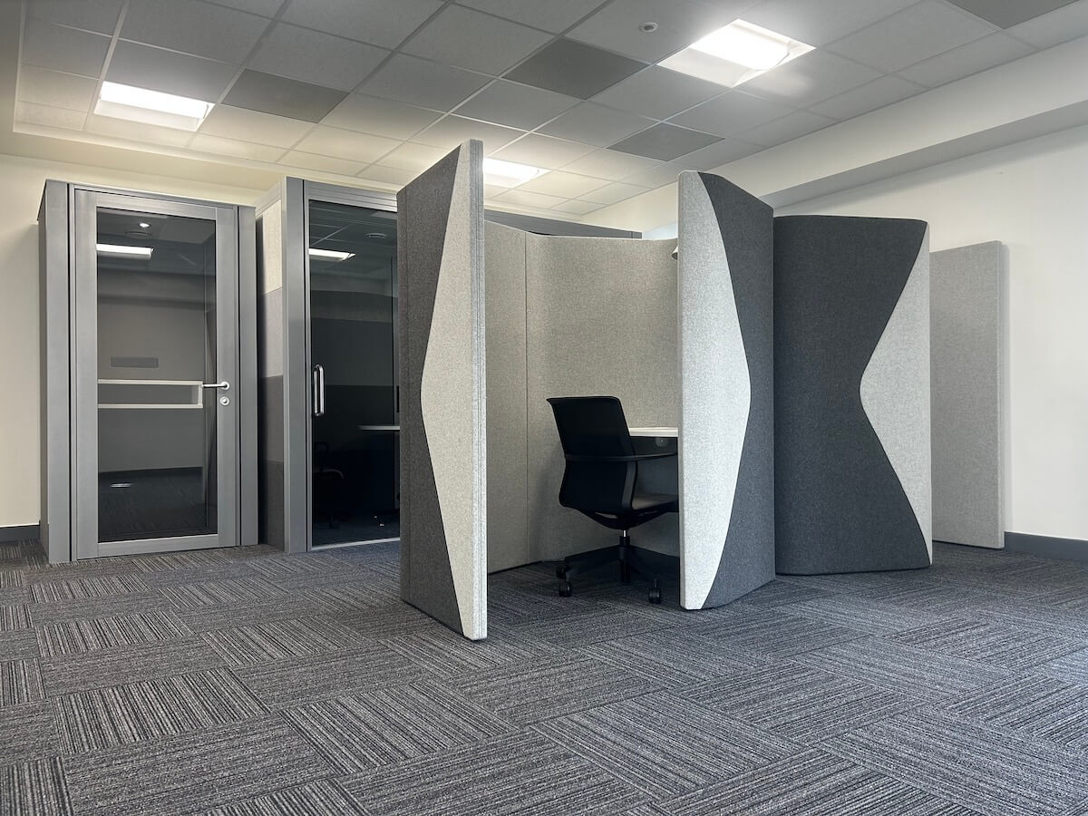 Close up of pod units after Pod and break out spaces within the Cat B Office Refurbishment by Kimpton