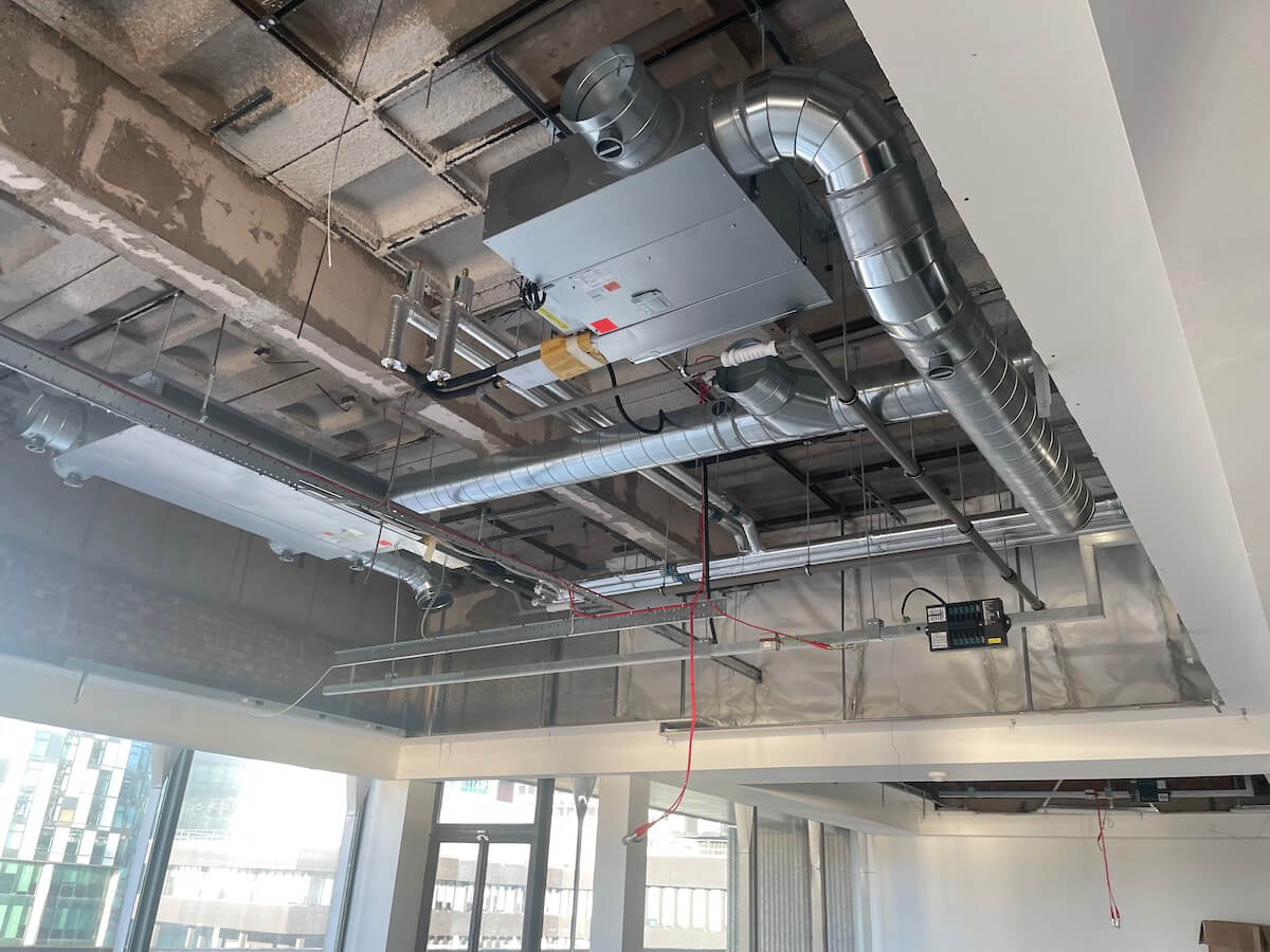 Ducting within the ceiling void during CAT A office refurbishment in Liverpool by Kimpton