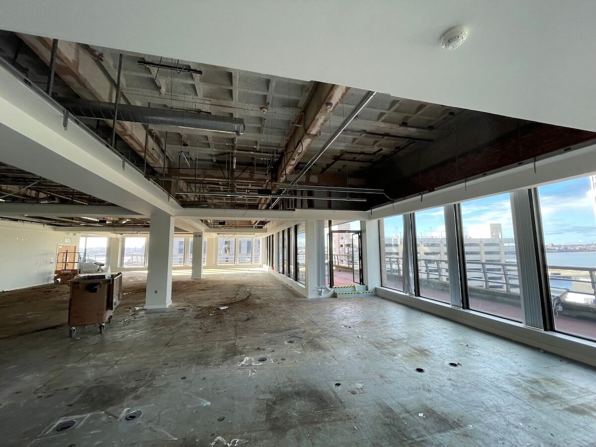 Floor and ceiling tiles removed as part of Cat A office refurbishment Liverpool Kimpton