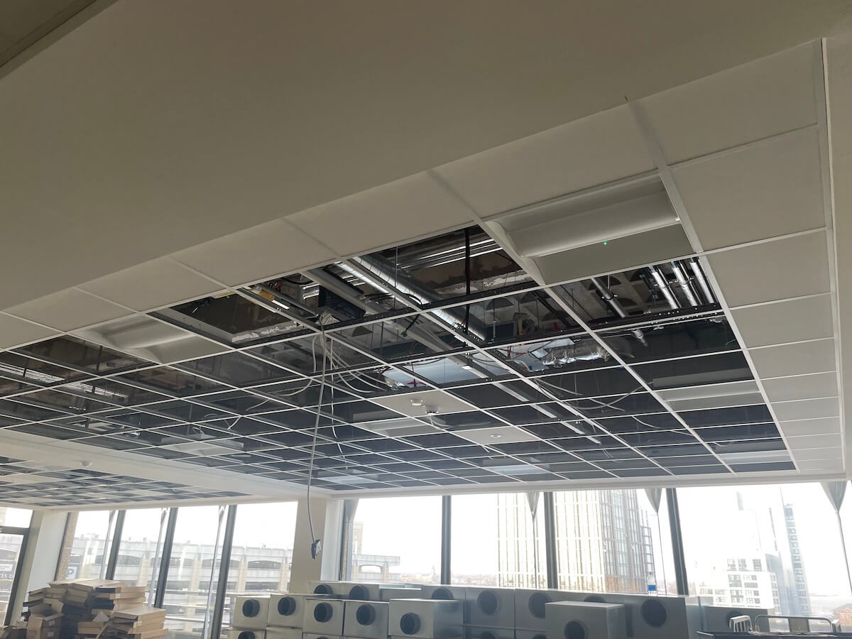 Prior to ceiling tiles going back in after CAT B office refurbishment in Liverpool by Kimpton