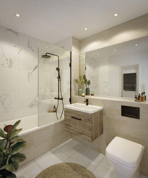 One Victoria residential Scheme Manchester bathroom with M+E by Kimpton