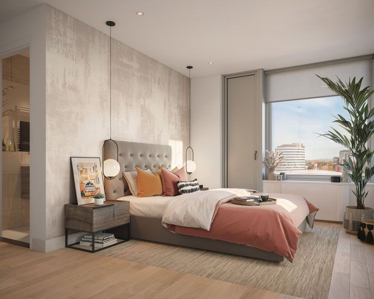 One Victoria residential Scheme Manchester bedroom with M+E by Kimpton