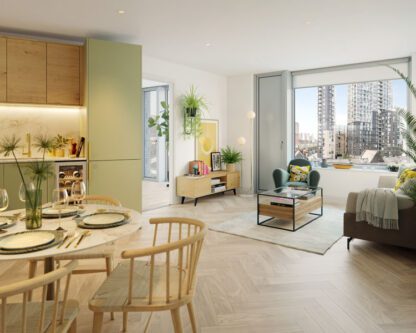 One Victoria residential Scheme Manchester living space with M+E by Kimpton
