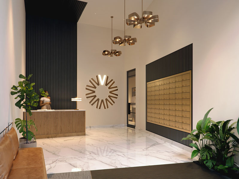 One Victoria residential Scheme Manchester reception with M+E by Kimpton