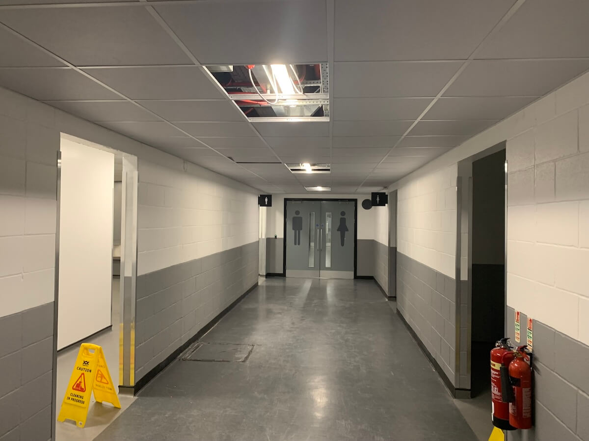 The new fire rated suspended ceiling withe the new opening to the left