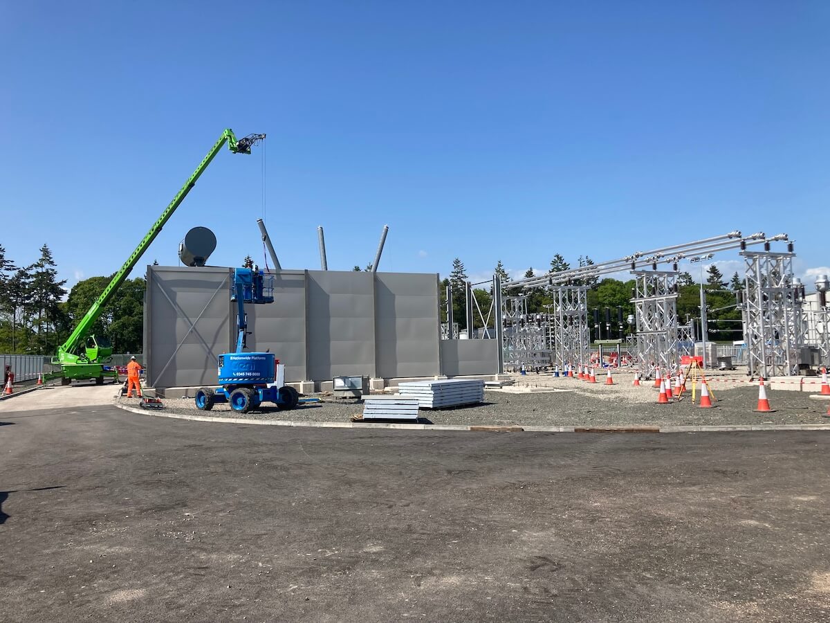 Distant shot of Alyth Substation Acoustic Screen