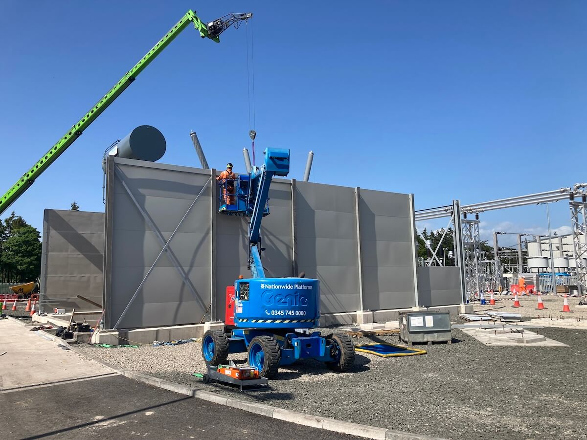 Lifting into place during construction of Alyth Substation Acoustic Screen
