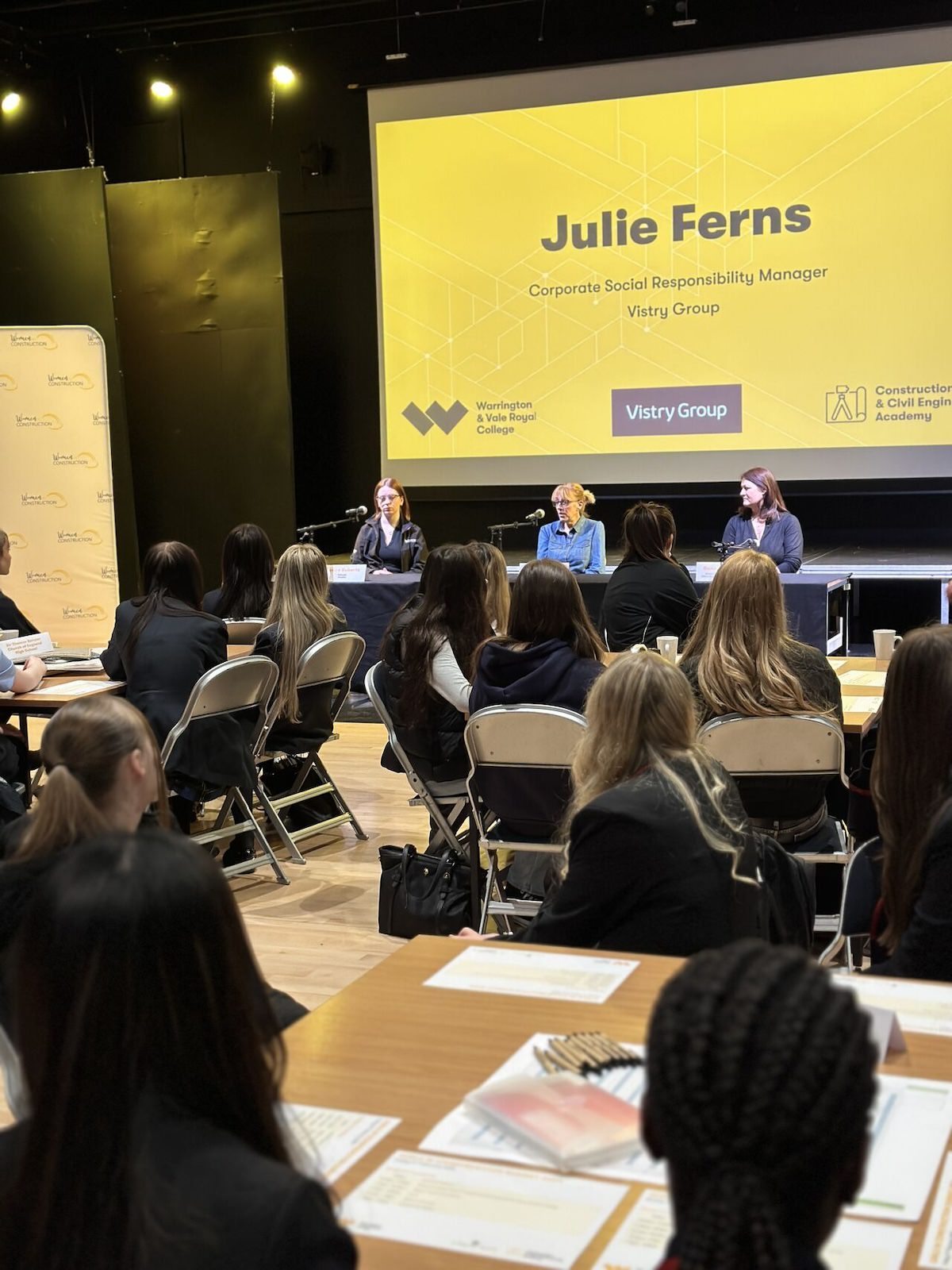 The panel discussion with Grace at Grace and Niamh at Warrington and Vale College for Girls in Construction day