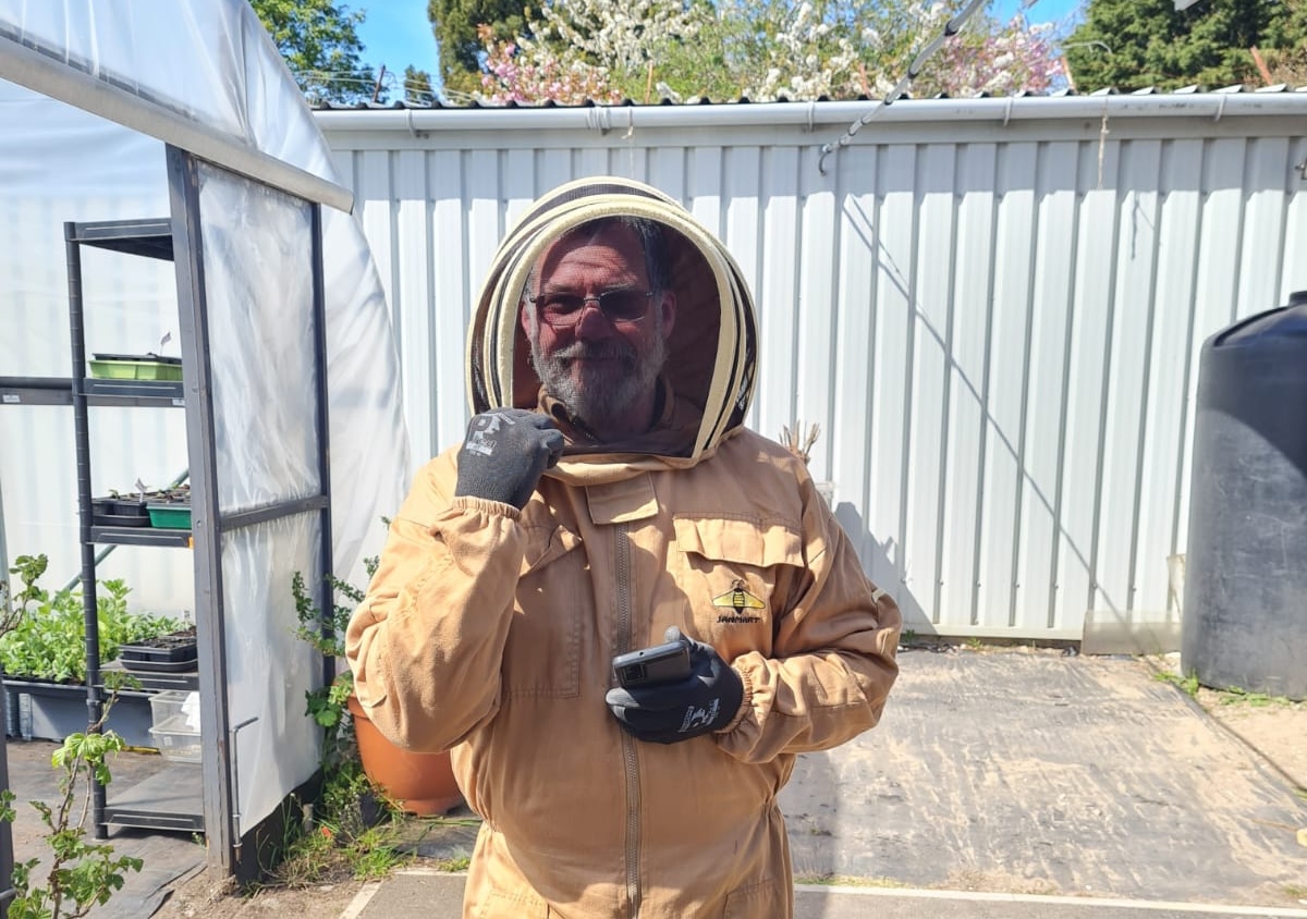 Keith Marsden of Kimpton ready for action in his beesuit at Incredible Edibles Knowsley landscape