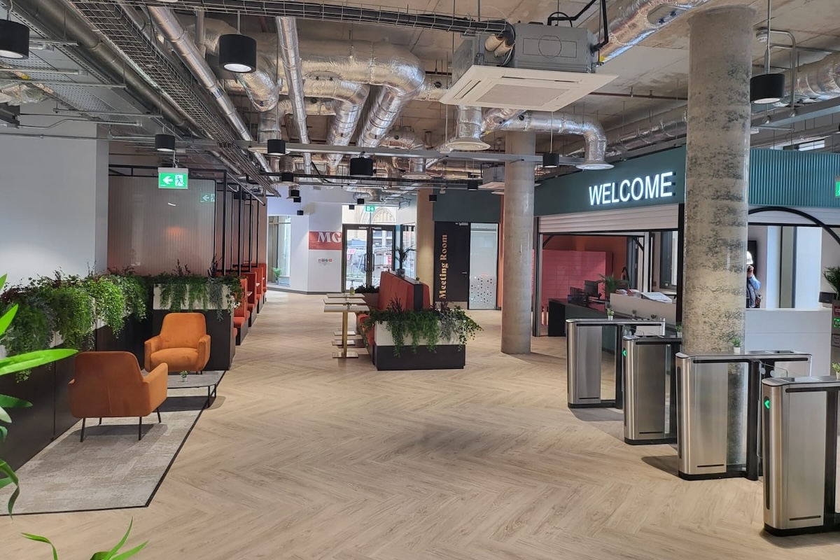 Access Controls inside a reception area with remote controlled speed gates by Kimpton