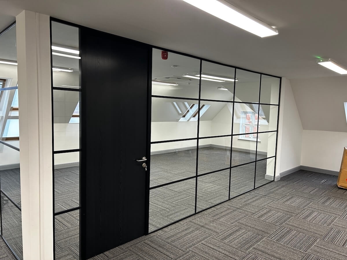 Close up of partitioned meeting rooms at Warrant House with Cat A and Cat B fit out by Kimpton