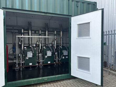 Front view of open Packaged Plant Room for Welburn Hall School North Yorkshire
