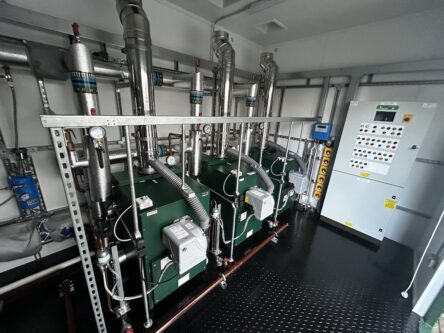 Reverse view of inside the Packaged Plant Room for Welburn Hall School North Yorkshire