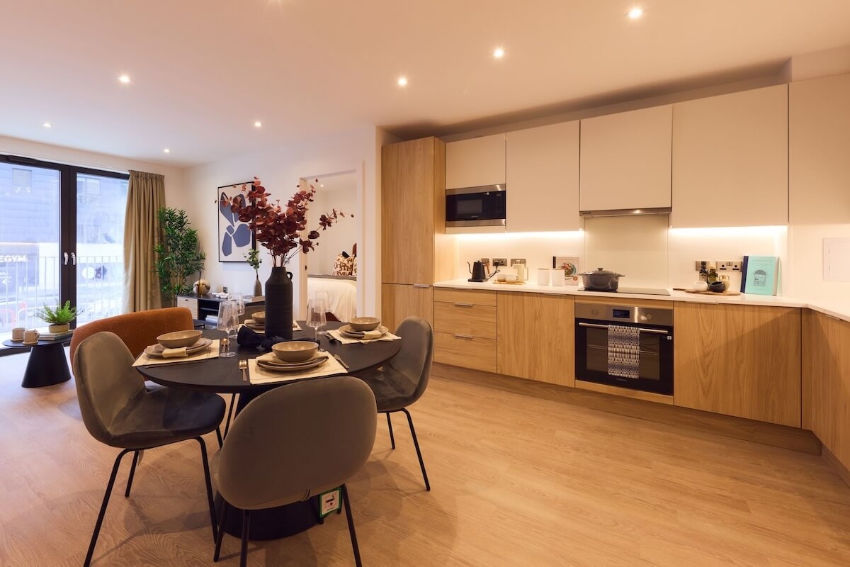 Signal Box Yard BTR scheme kitchen layout in Bath with MEP by Kimpton